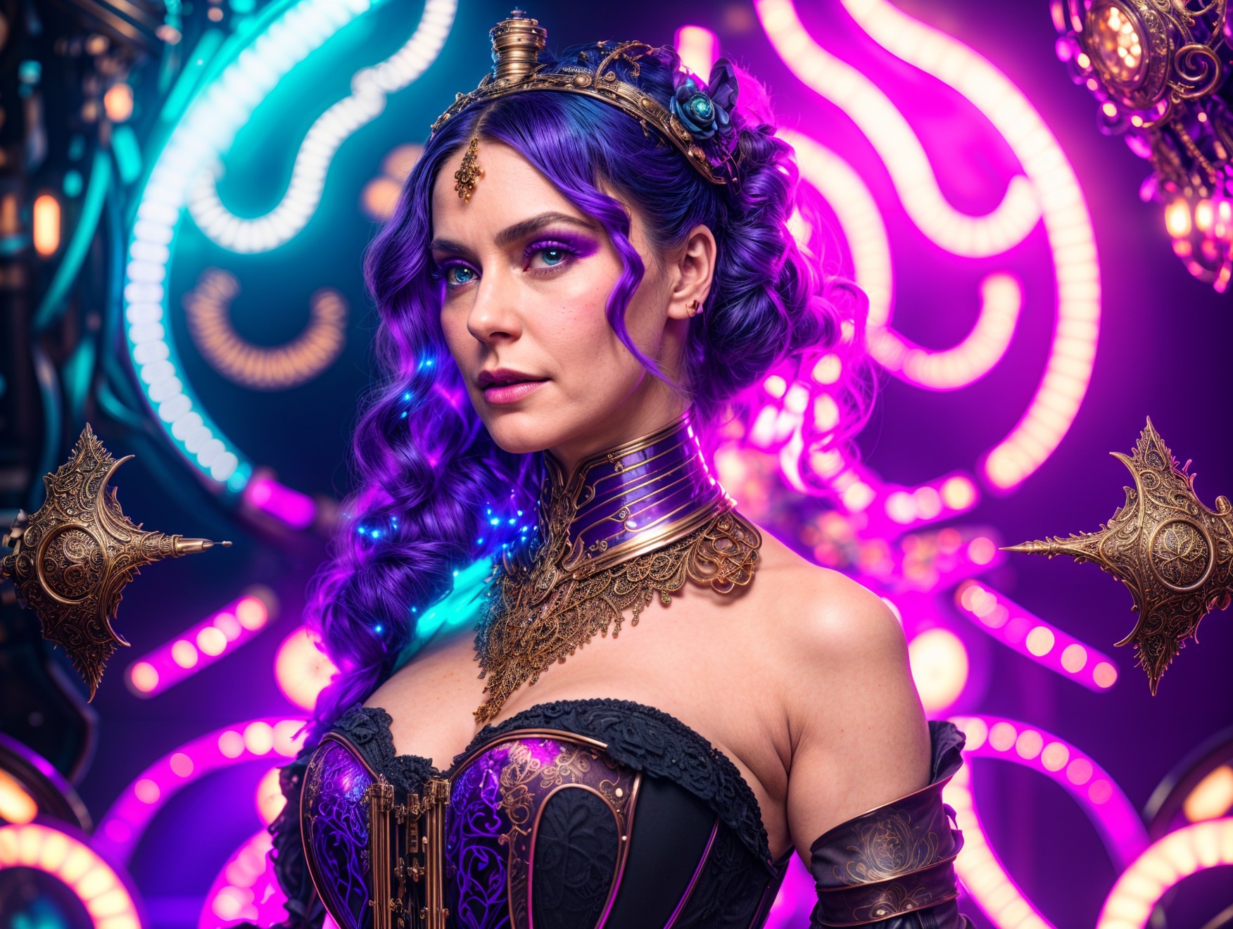 Beautiful woman with purple hair in neon lights