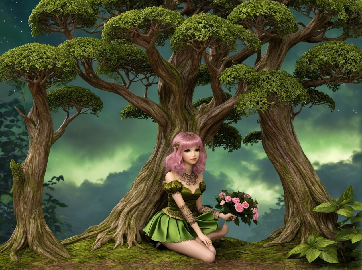 Doll-like Figure in Enchanted Forest with Night Sky