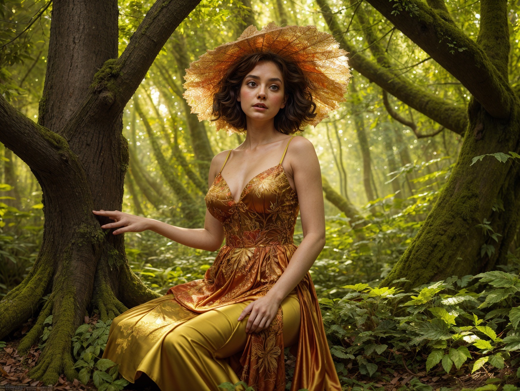 Young Woman in Golden Gown in Lush Forest Setting