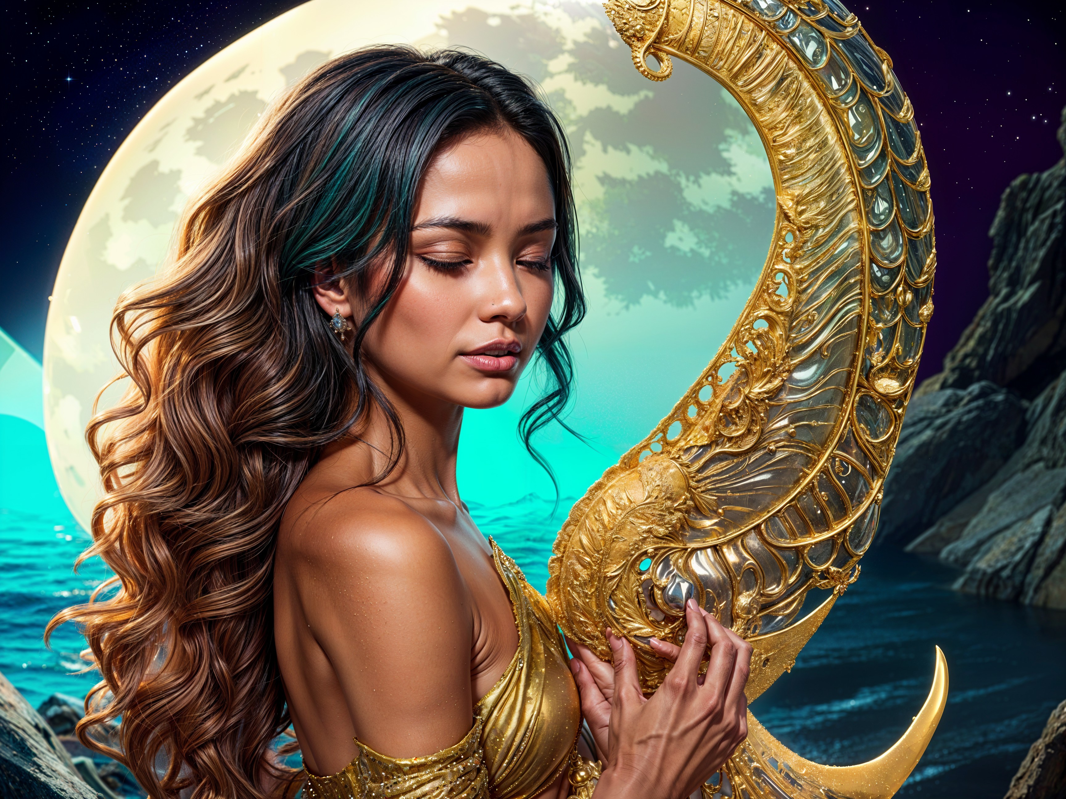Serene figure in gold with crescent instrument by ocean