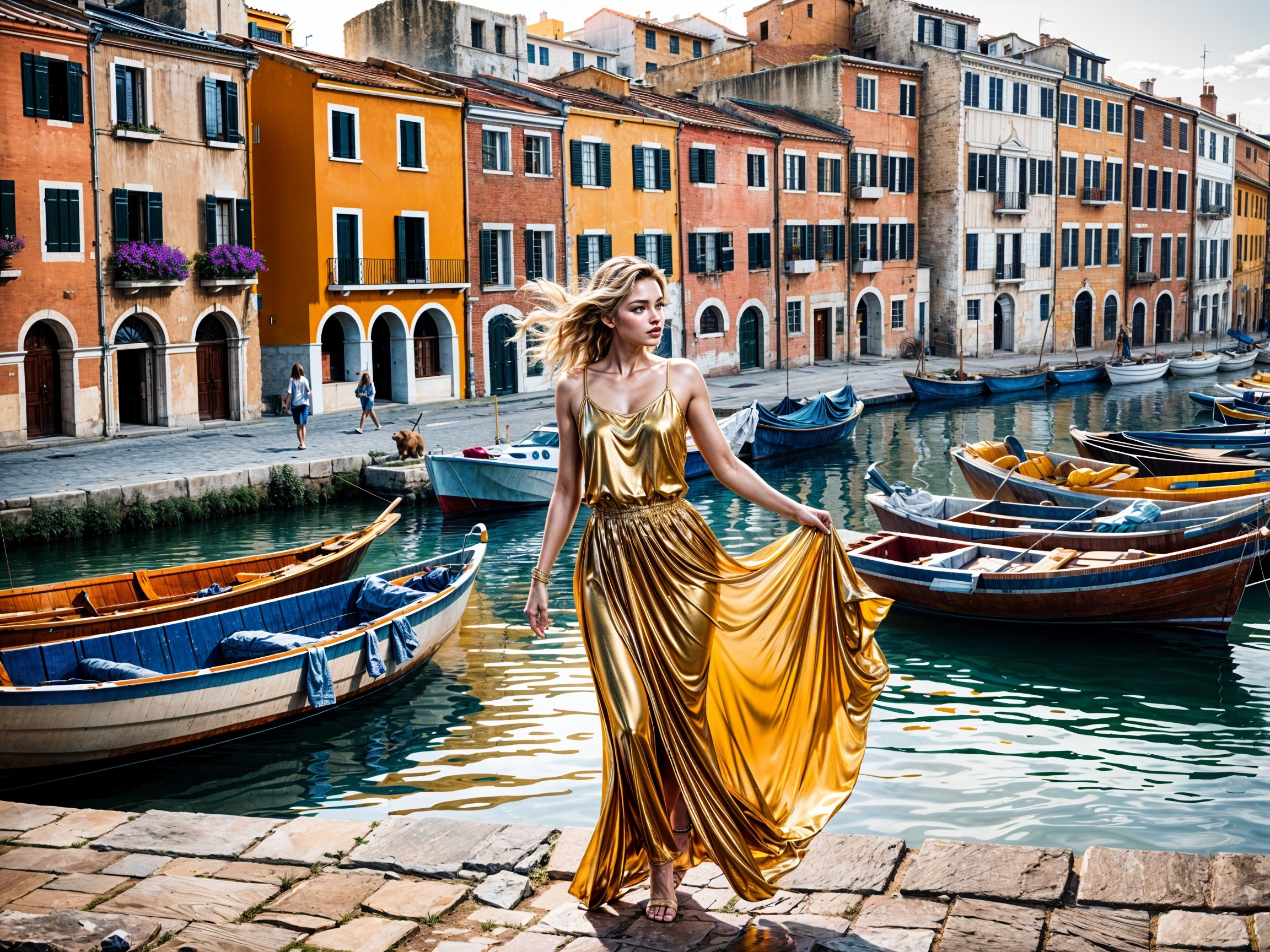 Woman in Golden Dress by Picturesque Canal Scene