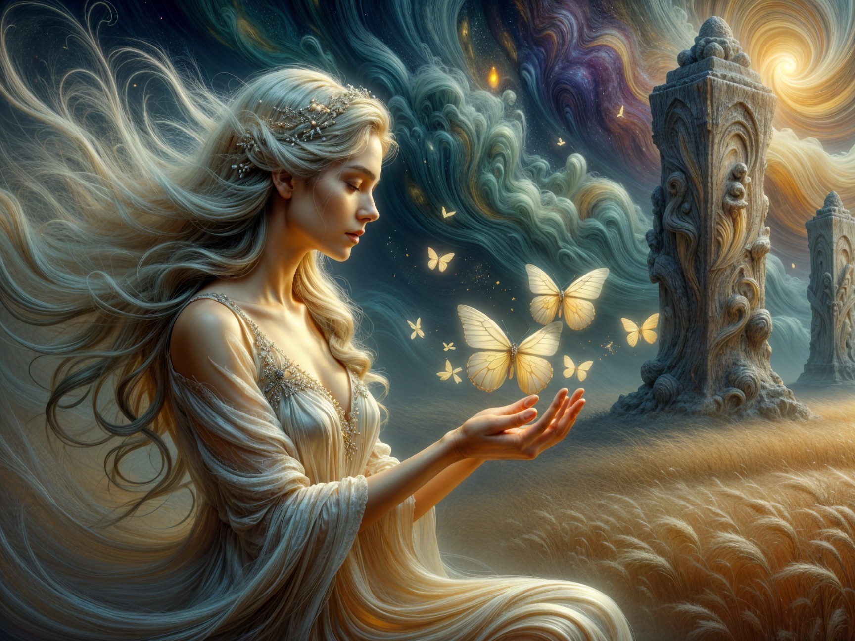 Serene Female Figure in Dreamy Colorful Landscape