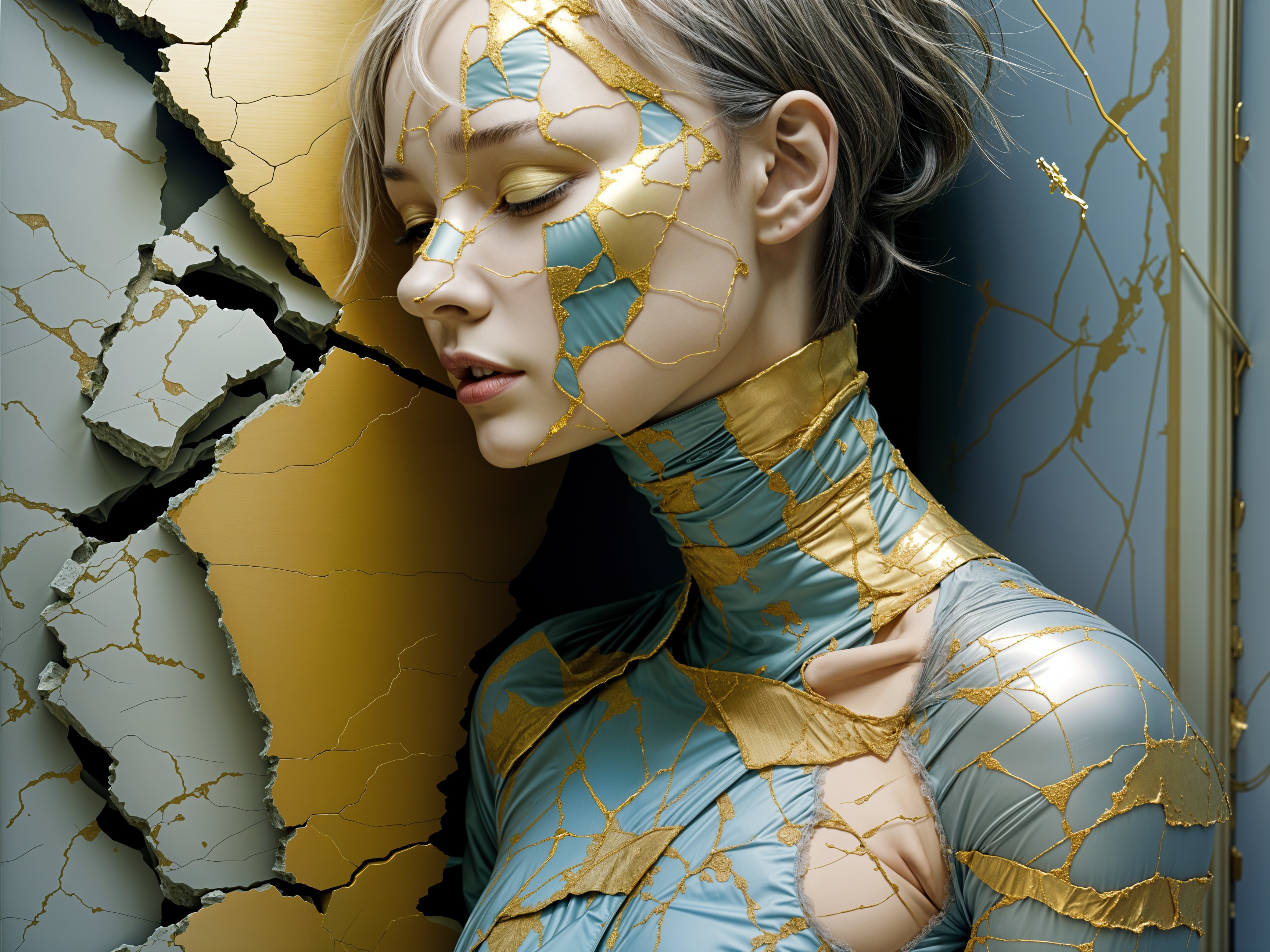 Sculptural Figure in Cracked Outfit Against Textured Walls