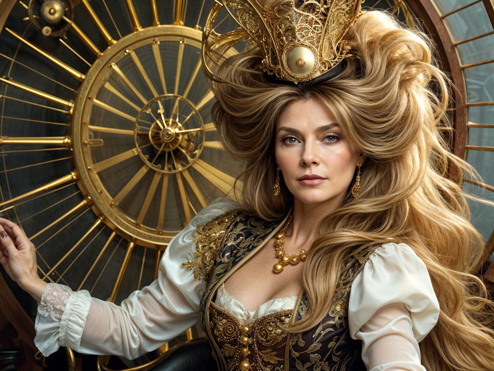 Regal figure with golden hair and ornate Victorian attire