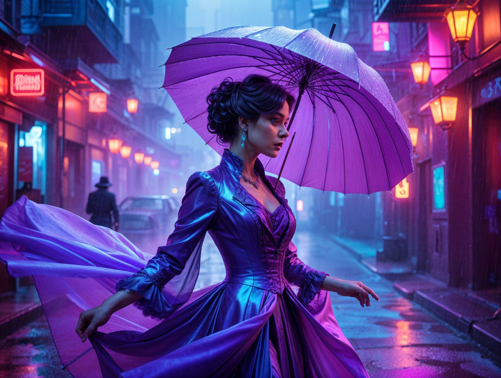 Elegant Woman in Purple Gown on Neon Street