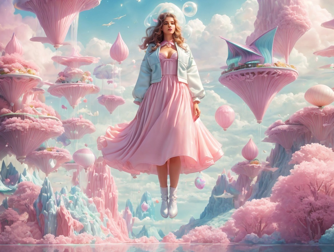 Woman in Pink Dress in Whimsical Pastel Landscape