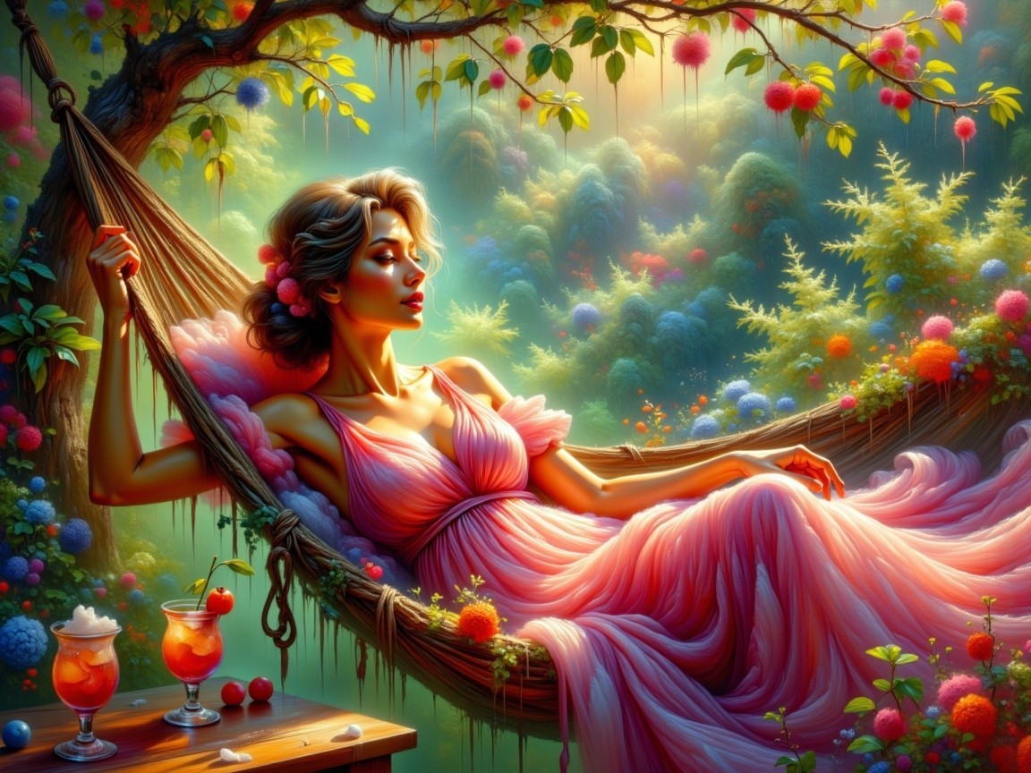 Woman in Pink Gown Relaxing in Enchanted Forest