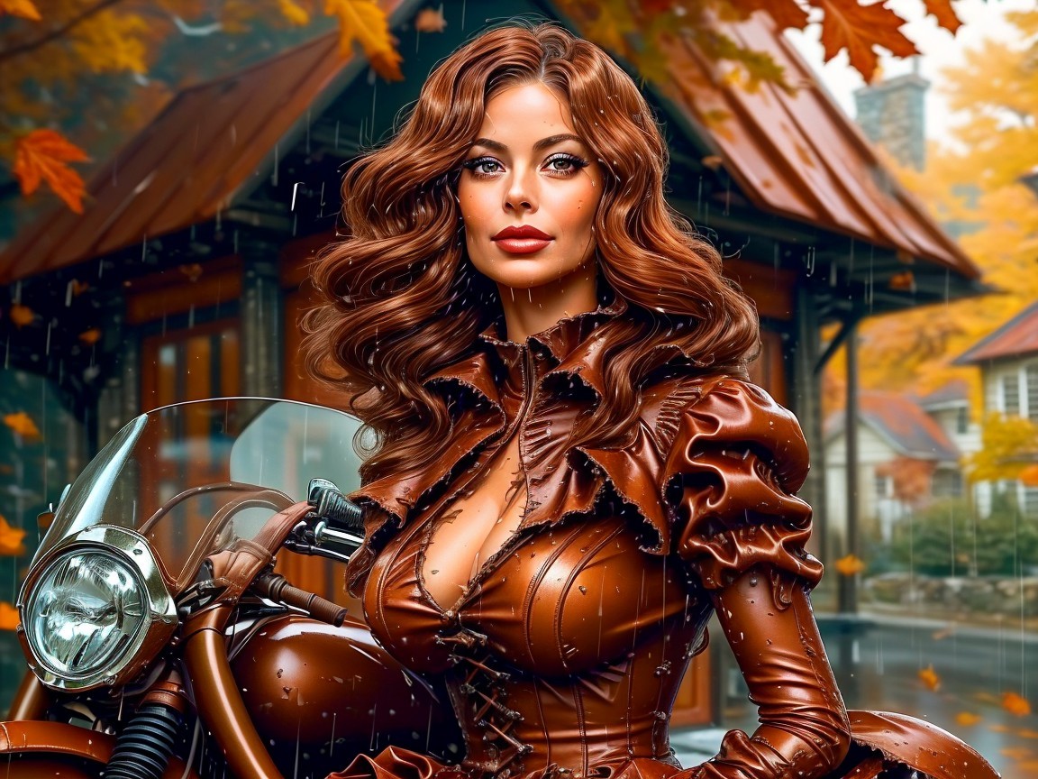 Confident Woman with Motorcycle in Autumn Landscape