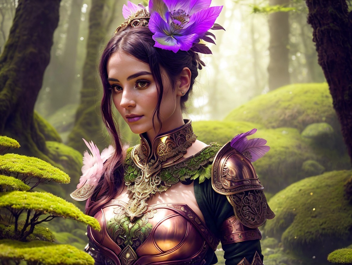 Mystical Forest Scene with Ornate Armored Woman