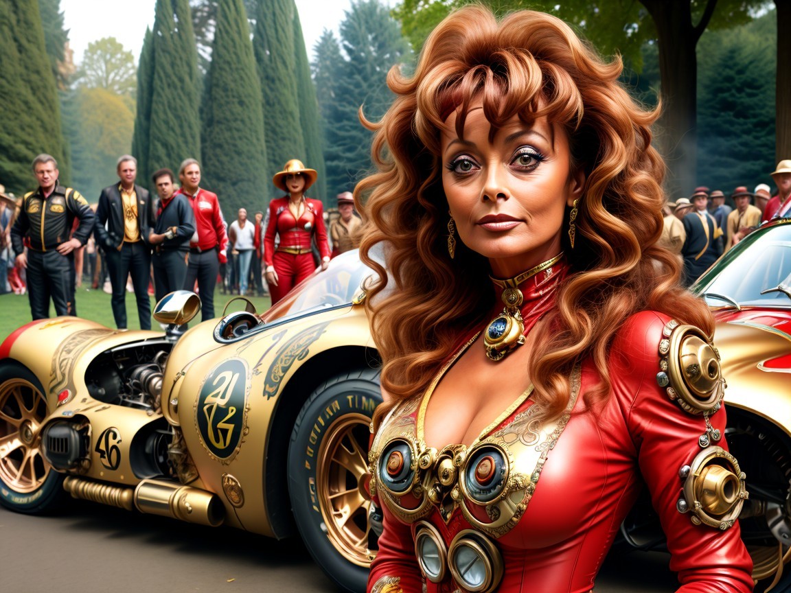 Striking Woman in Red and Gold Outfit with Vintage Cars