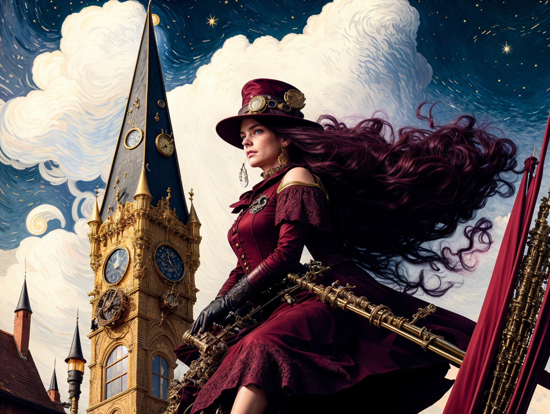 Steampunk Scene with Woman in Burgundy Gown and Rifle