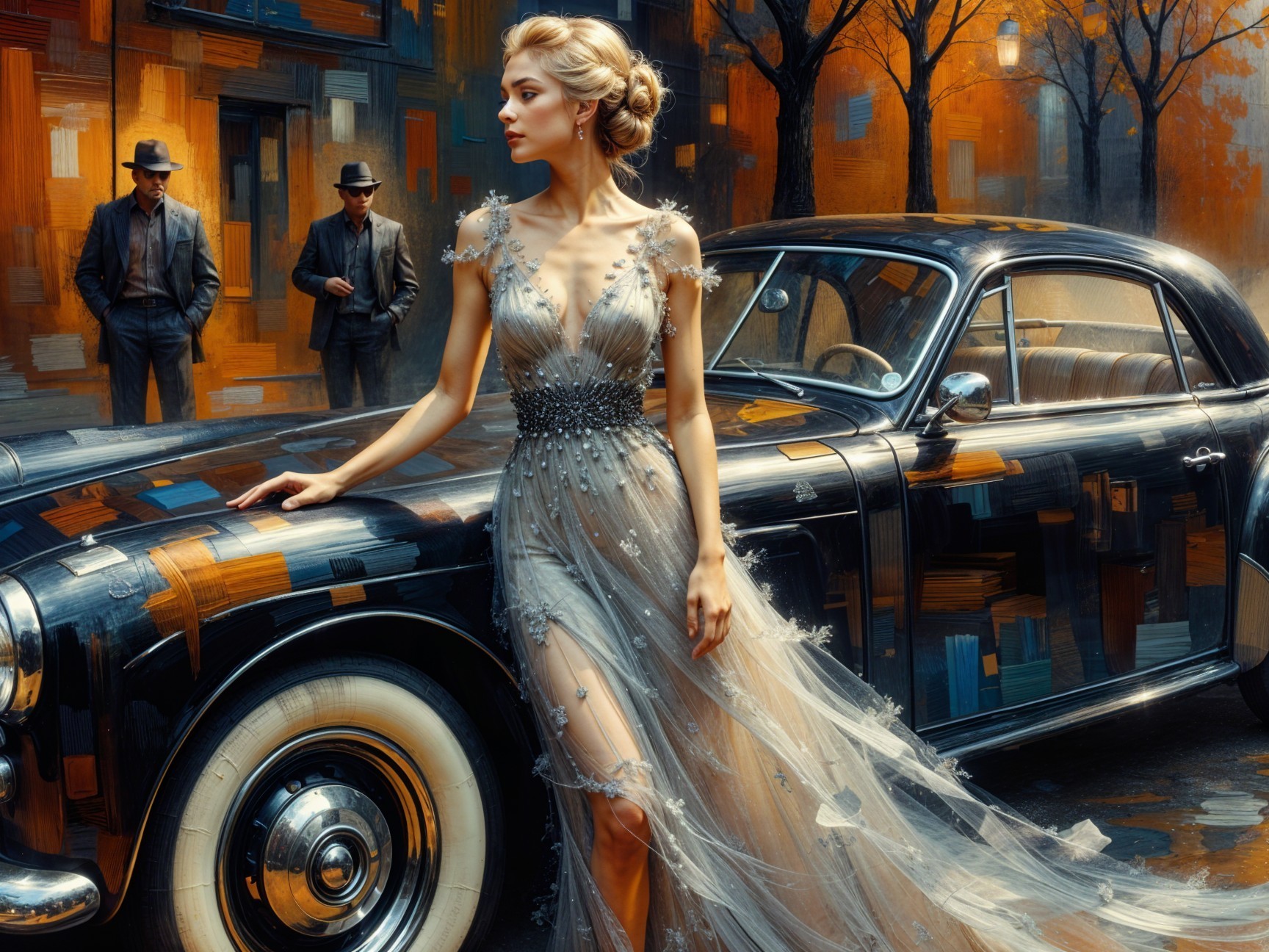 Glamorous Woman in Elegant Gown by Vintage Car