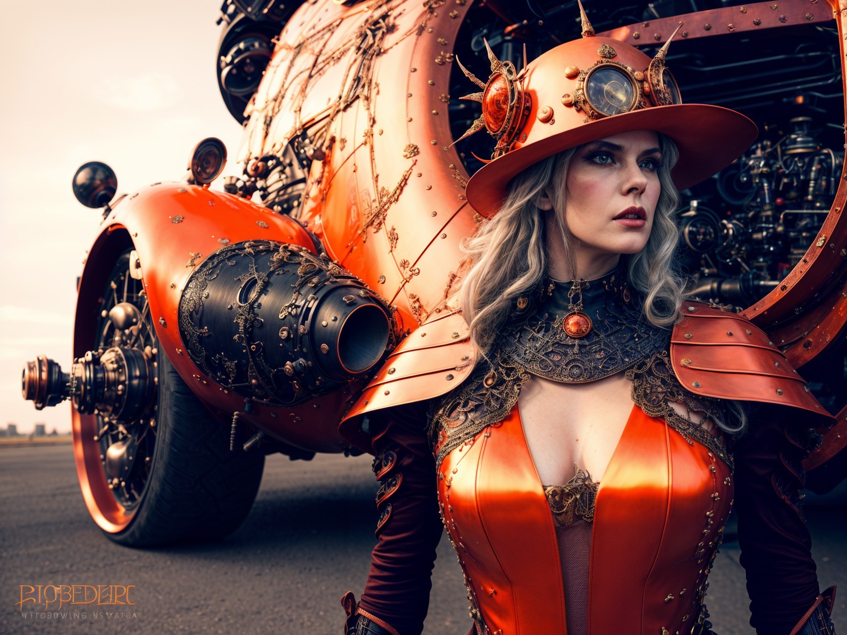 Steampunk Character by Vintage Vehicle at Sunset