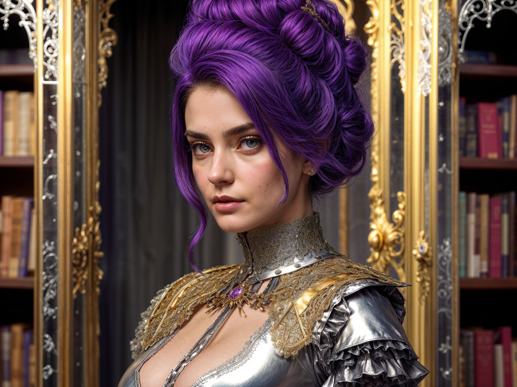 Young woman with purple hair in regal library setting