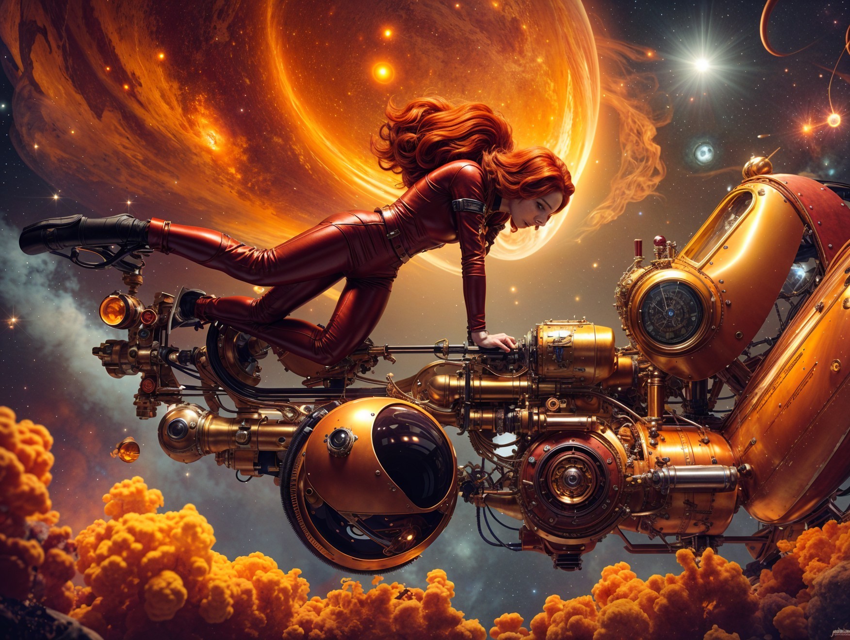 Woman in Red Jumpsuit Maneuvering Golden Spacecraft