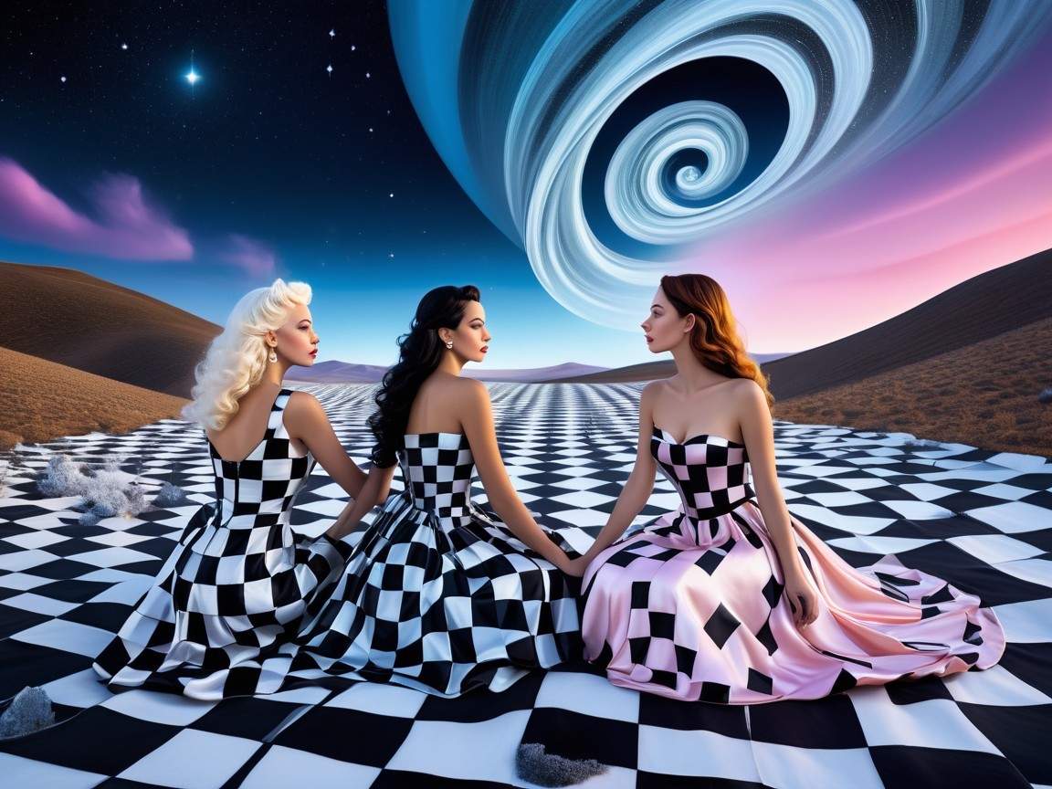 Elegant women in checkerboard dresses on chessboard