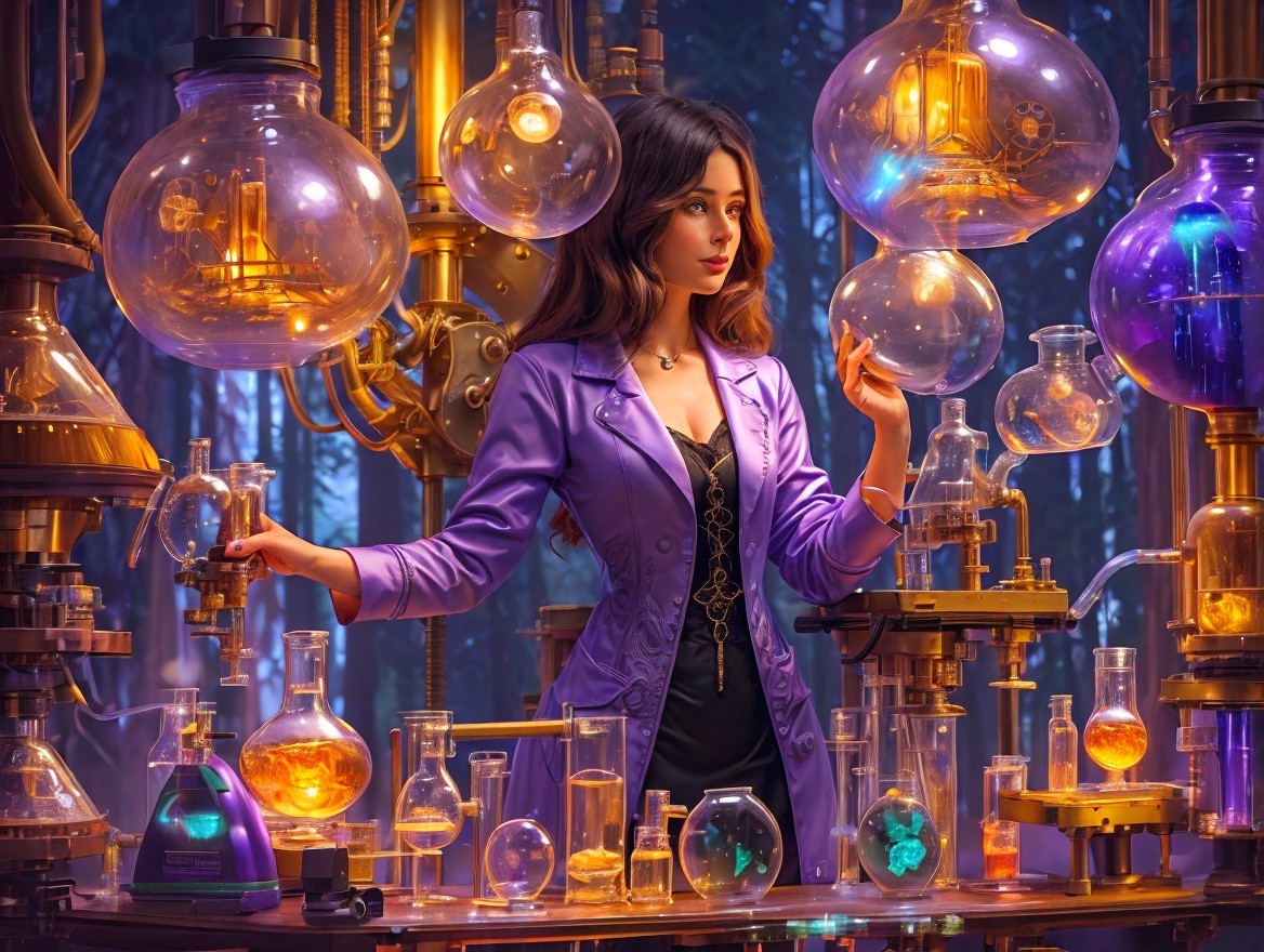 Young Woman in Purple Jacket in Mystical Laboratory