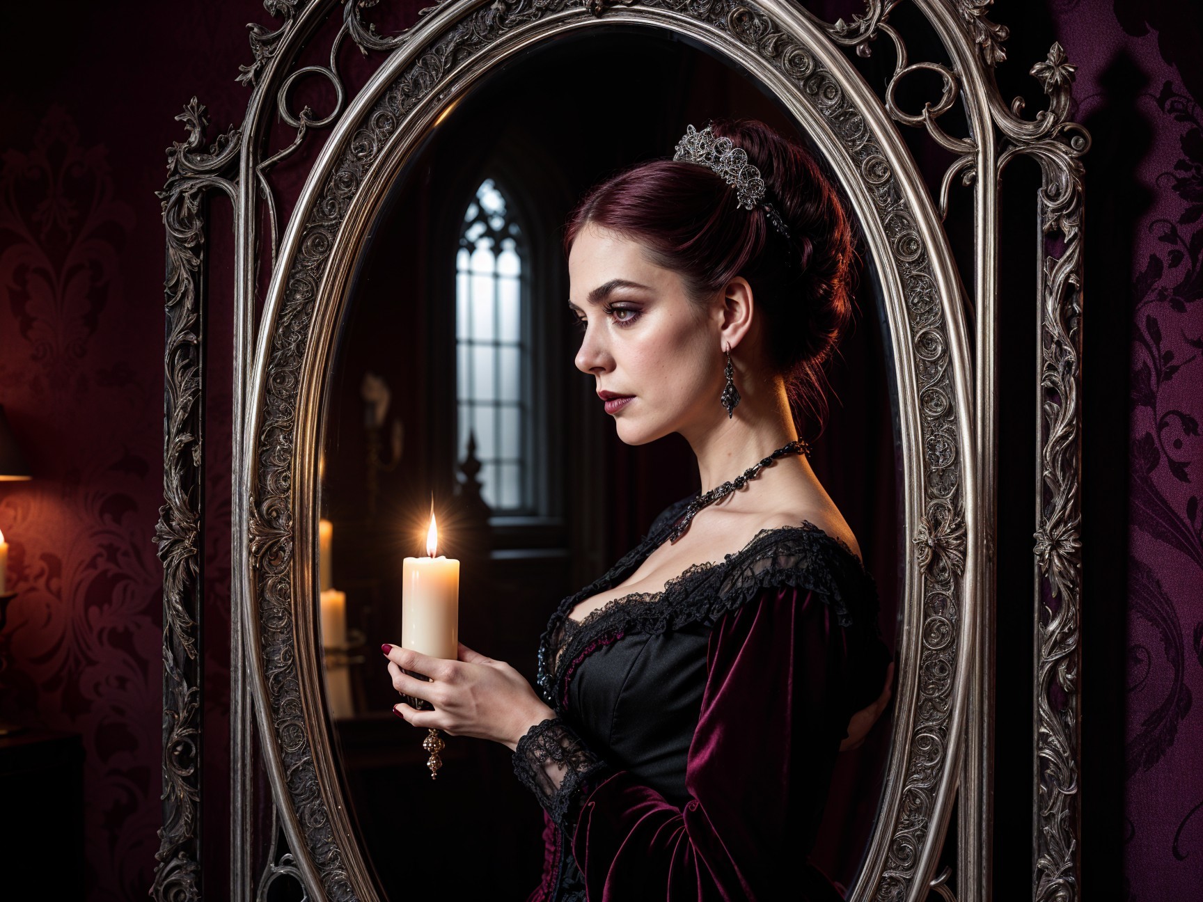 Victorian Woman in Elegant Attire by Ornate Mirror