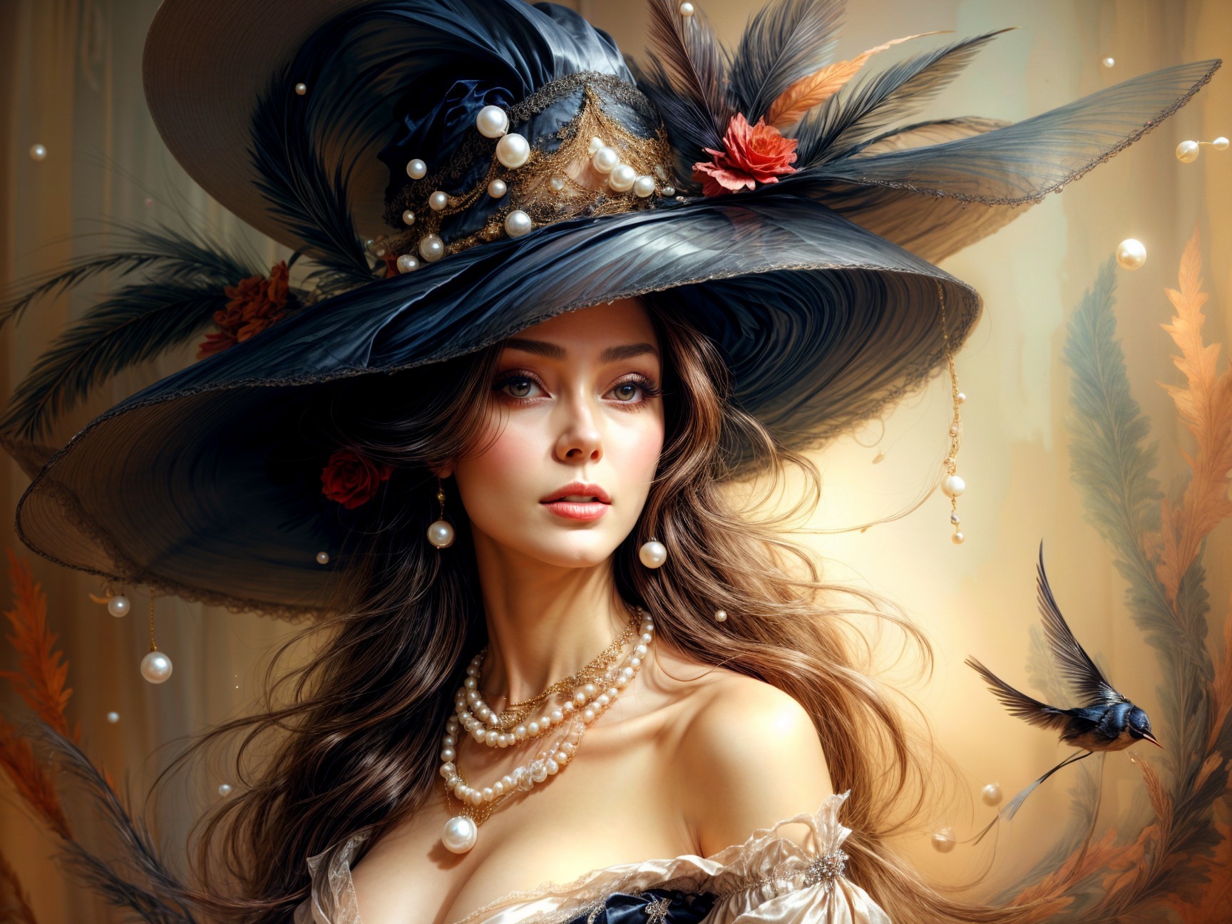 Elegant Woman in Oversized Hat with Pearls and Flowers