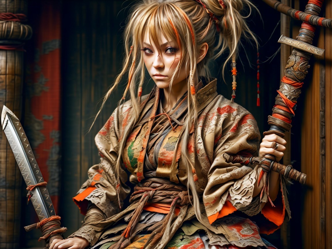 Fierce Warrior in Intricate Kimono with Sword