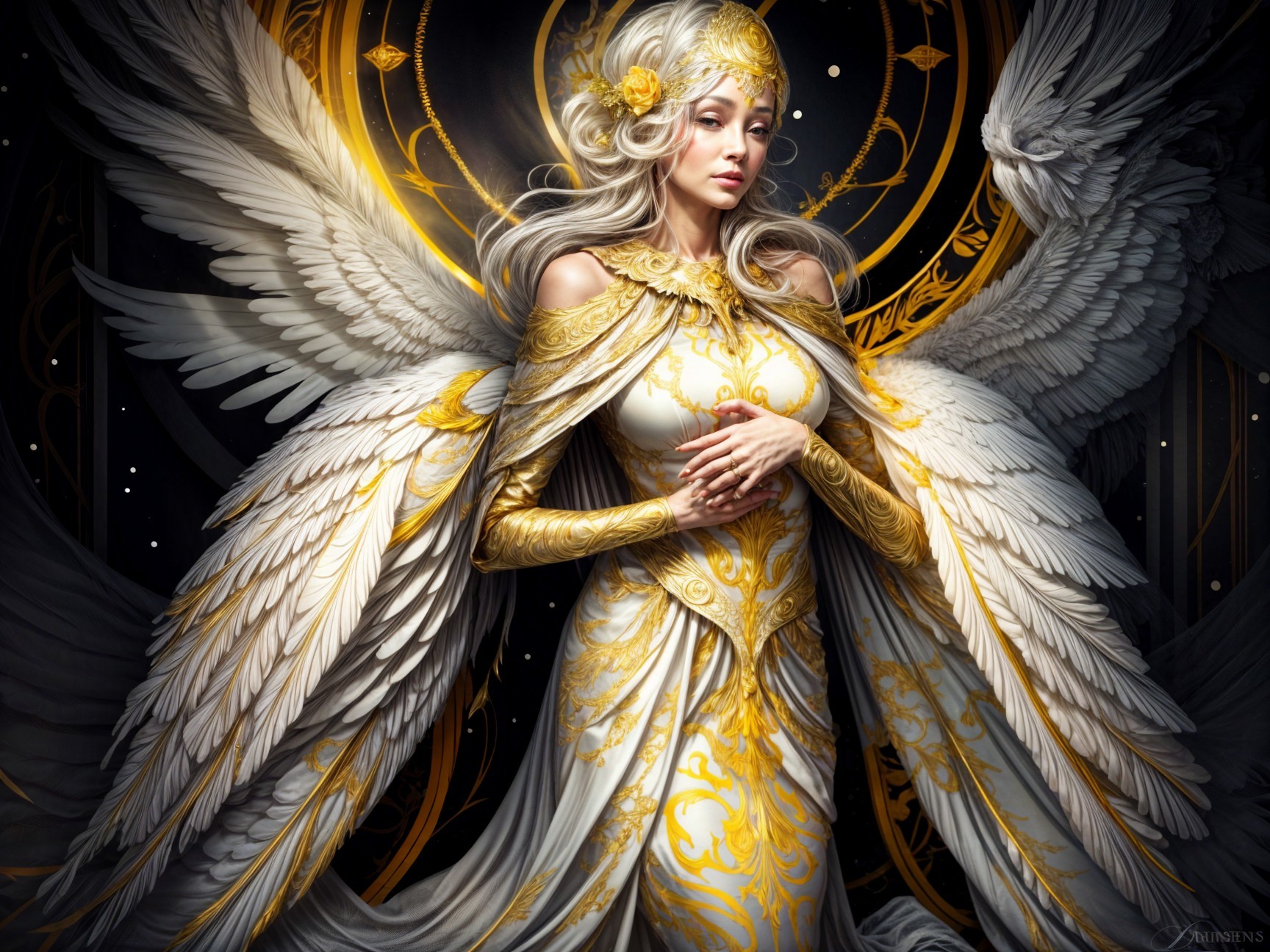 Majestic figure in elegant gown with celestial wings