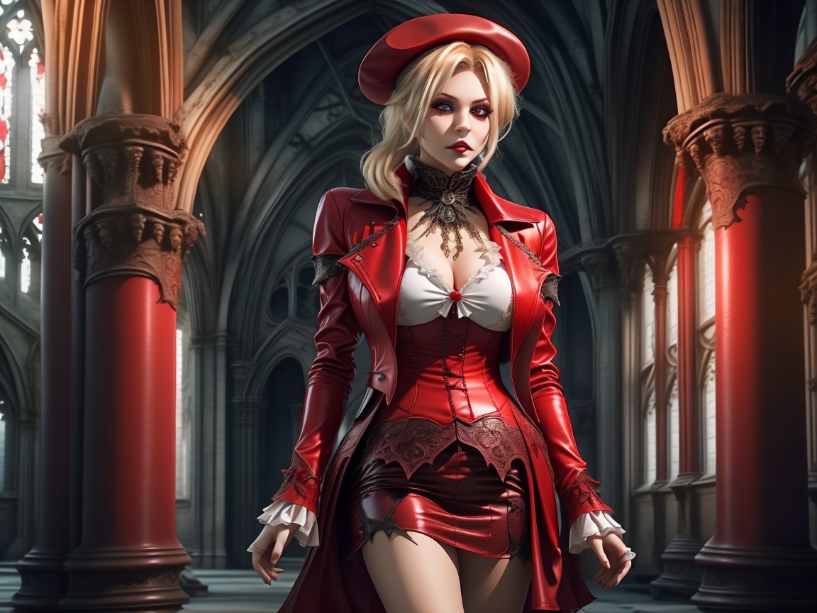 Pale-Skinned Woman in Gothic Church Setting