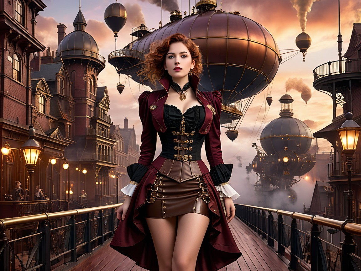 Steampunk Woman on Bridge with Victorian Architecture