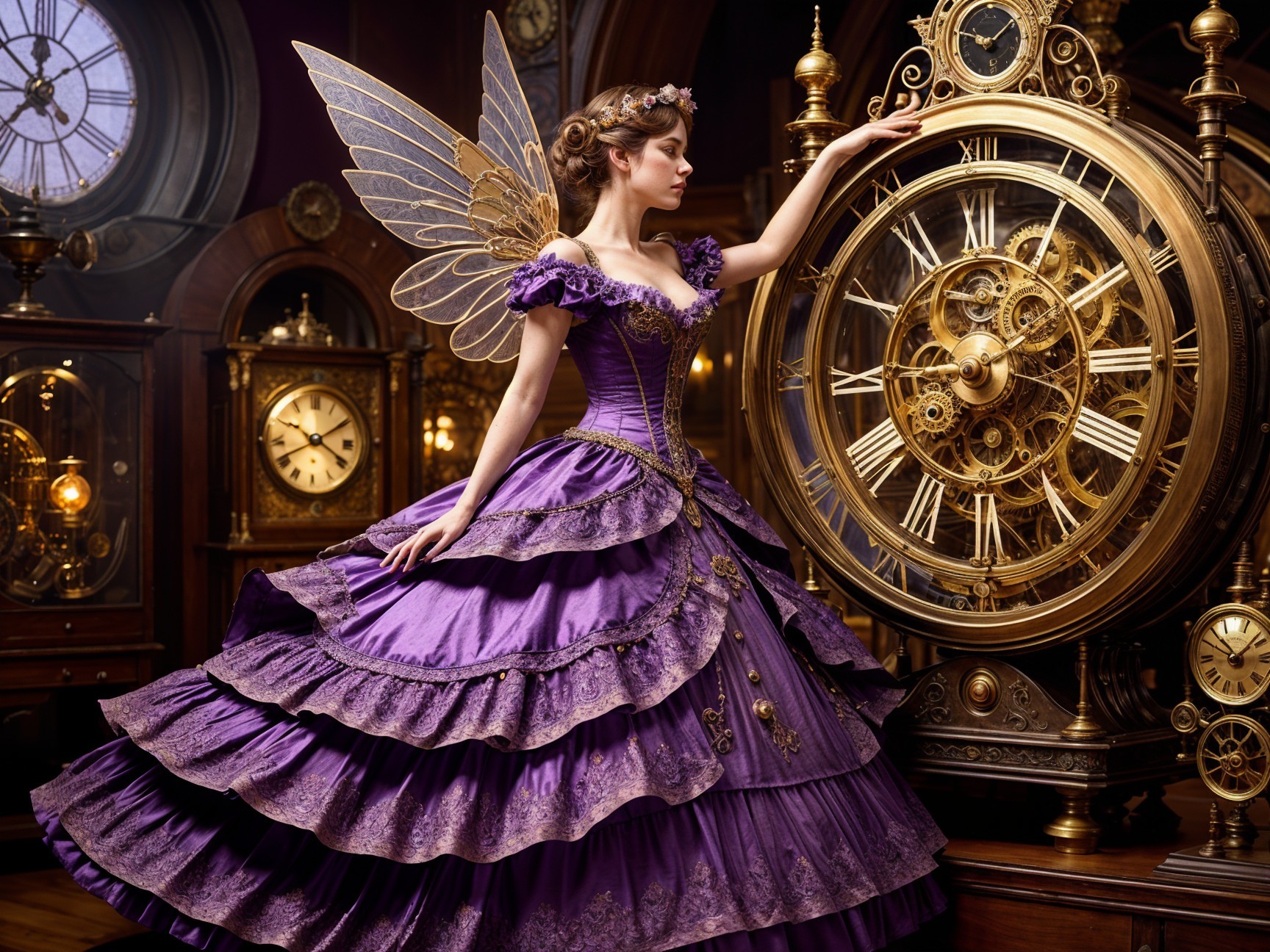 Whimsical Fairy Beside Grand Ornate Clock in Workshop
