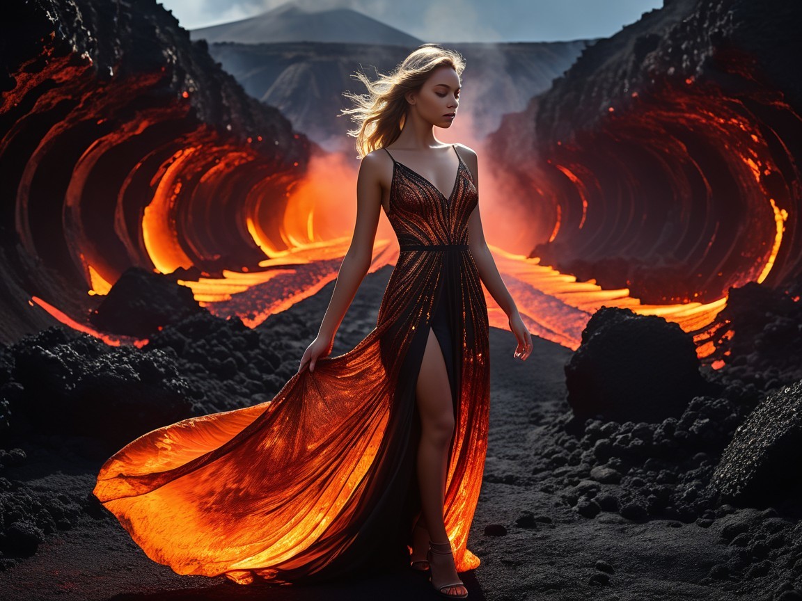 Woman in shimmering dress against volcanic landscape
