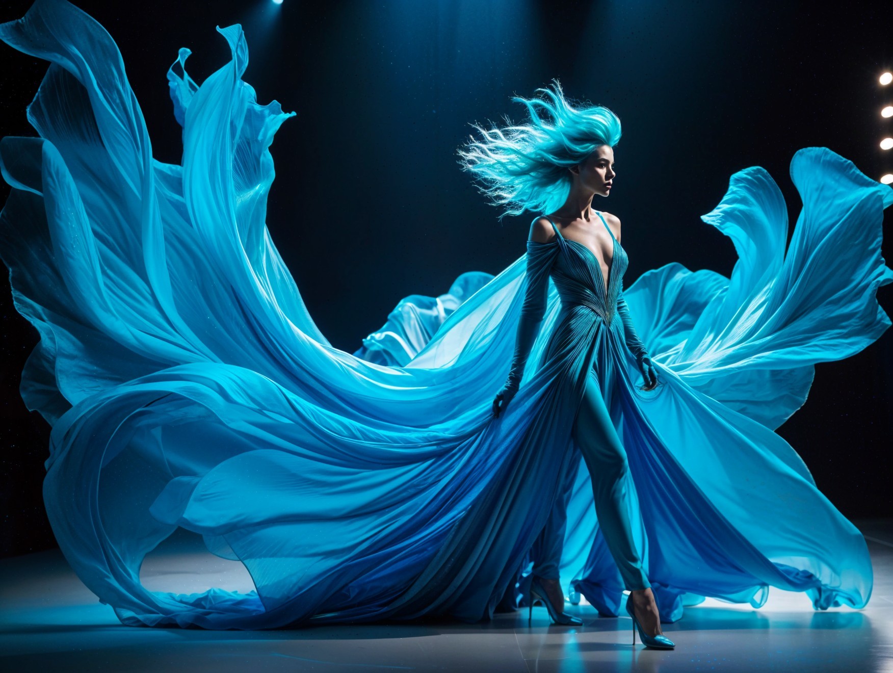 Extravagant blue gown with flowing fabric and fitted bodice