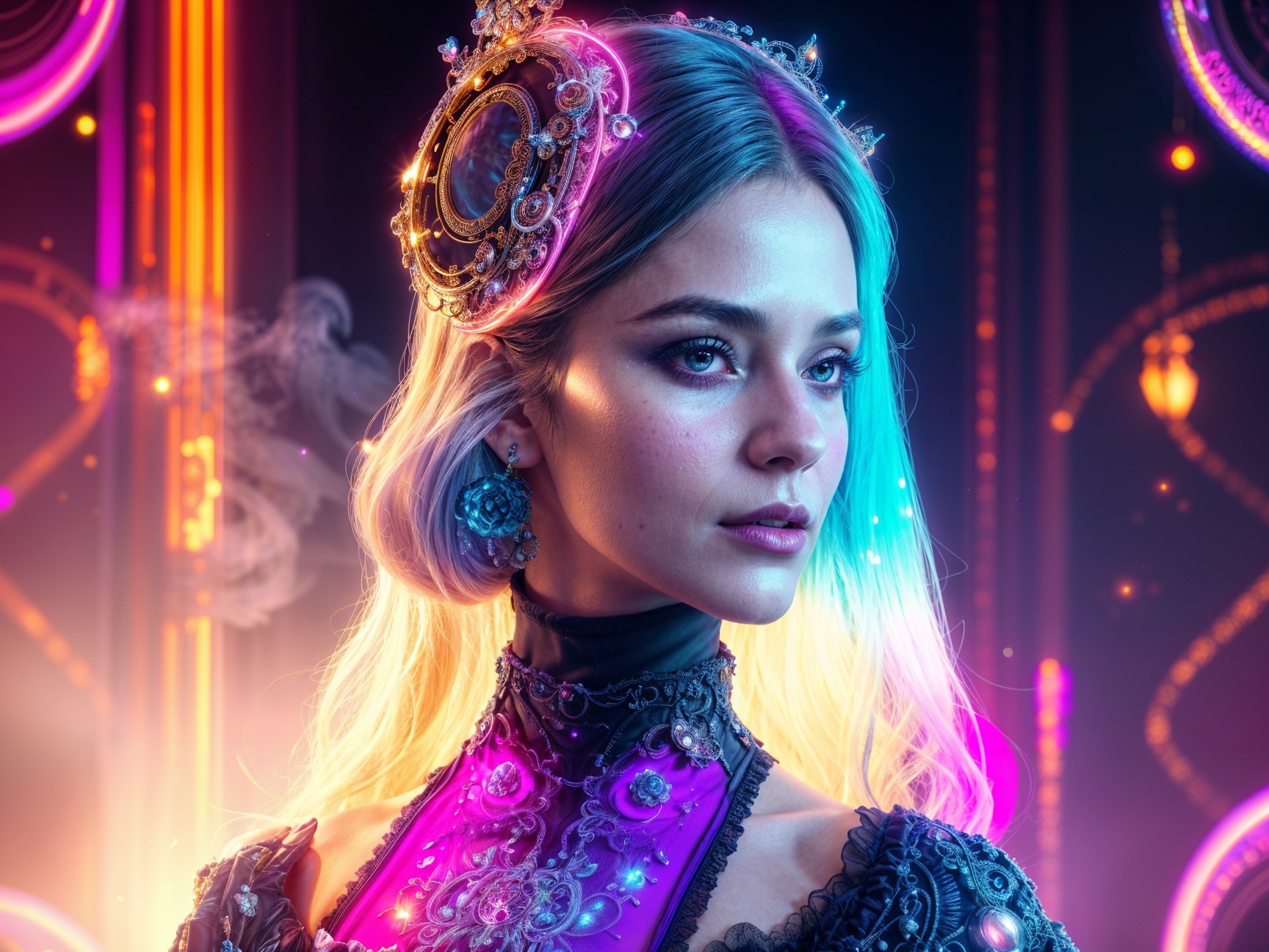 Portrait of a Young Woman with Colorful Hair and Outfit
