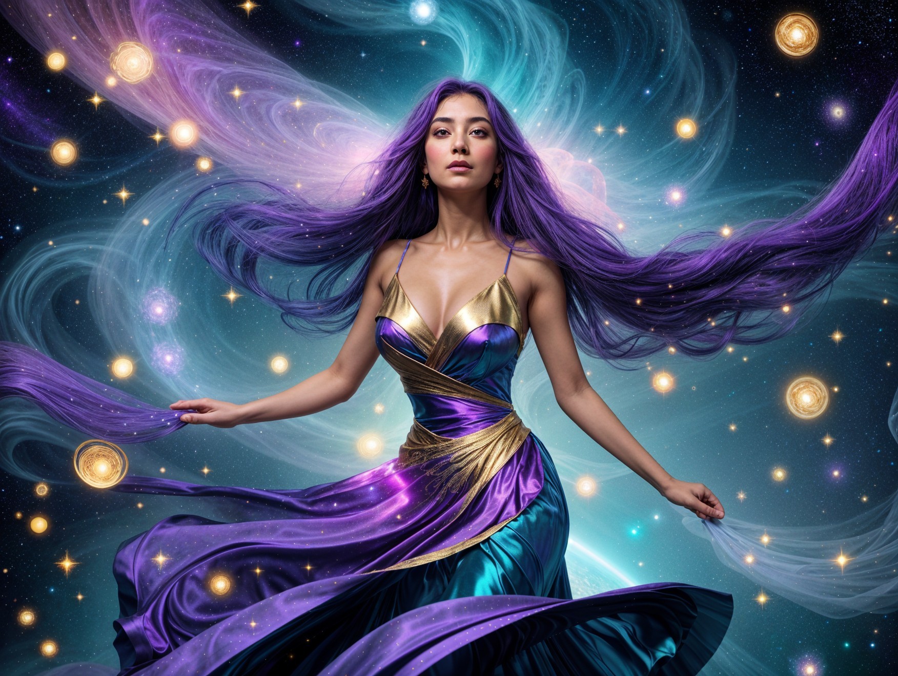 Ethereal Figure in Iridescent Gown Against Cosmic Scene