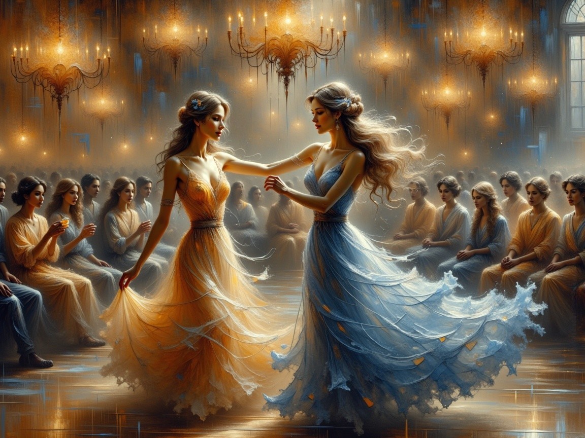 Dancers in Elegant Attire Perform in Grand Ballroom