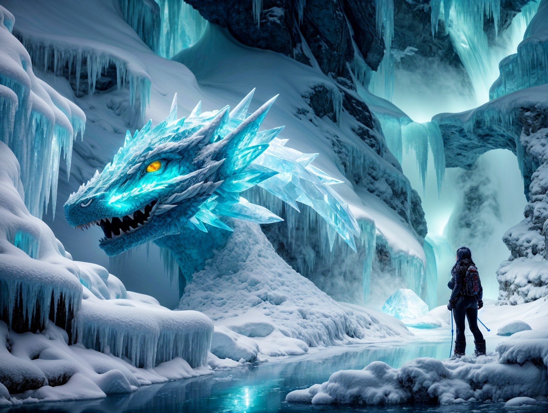 Frozen Ice Dragon in Mystical Icy Cavern