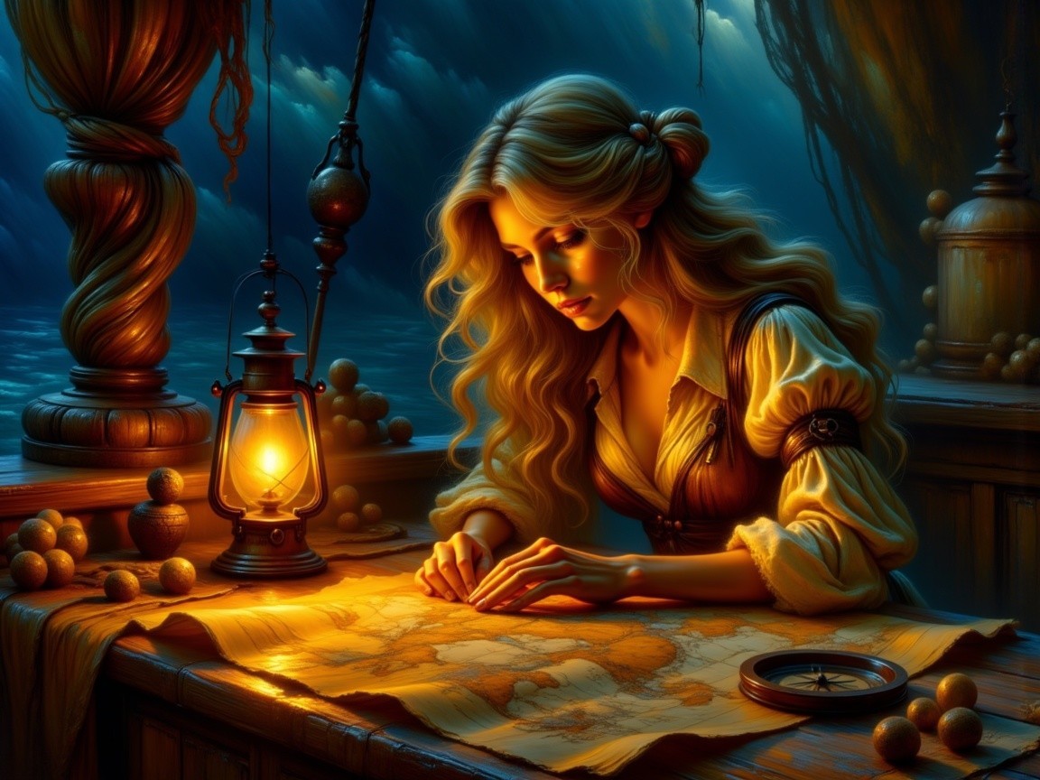 Young woman studying an old map in a cabin