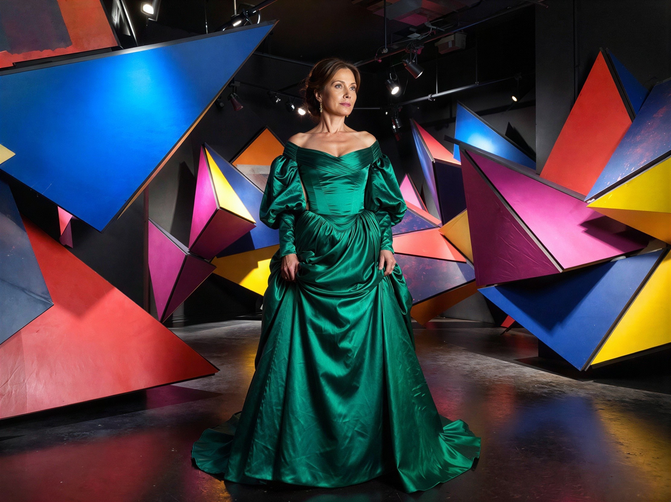 Elegant woman in dark green ball gown at museum gallery