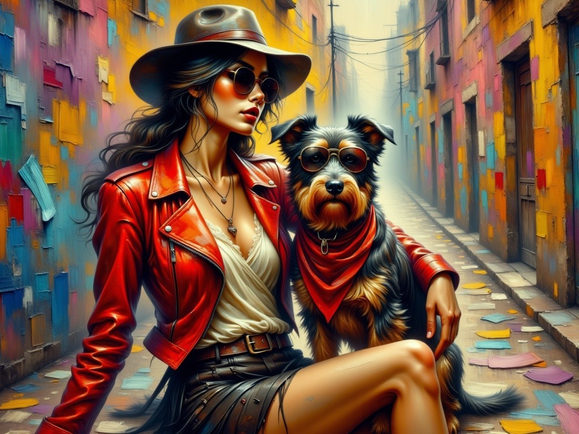 Stylish Woman and Dog in Trendy Urban Alley