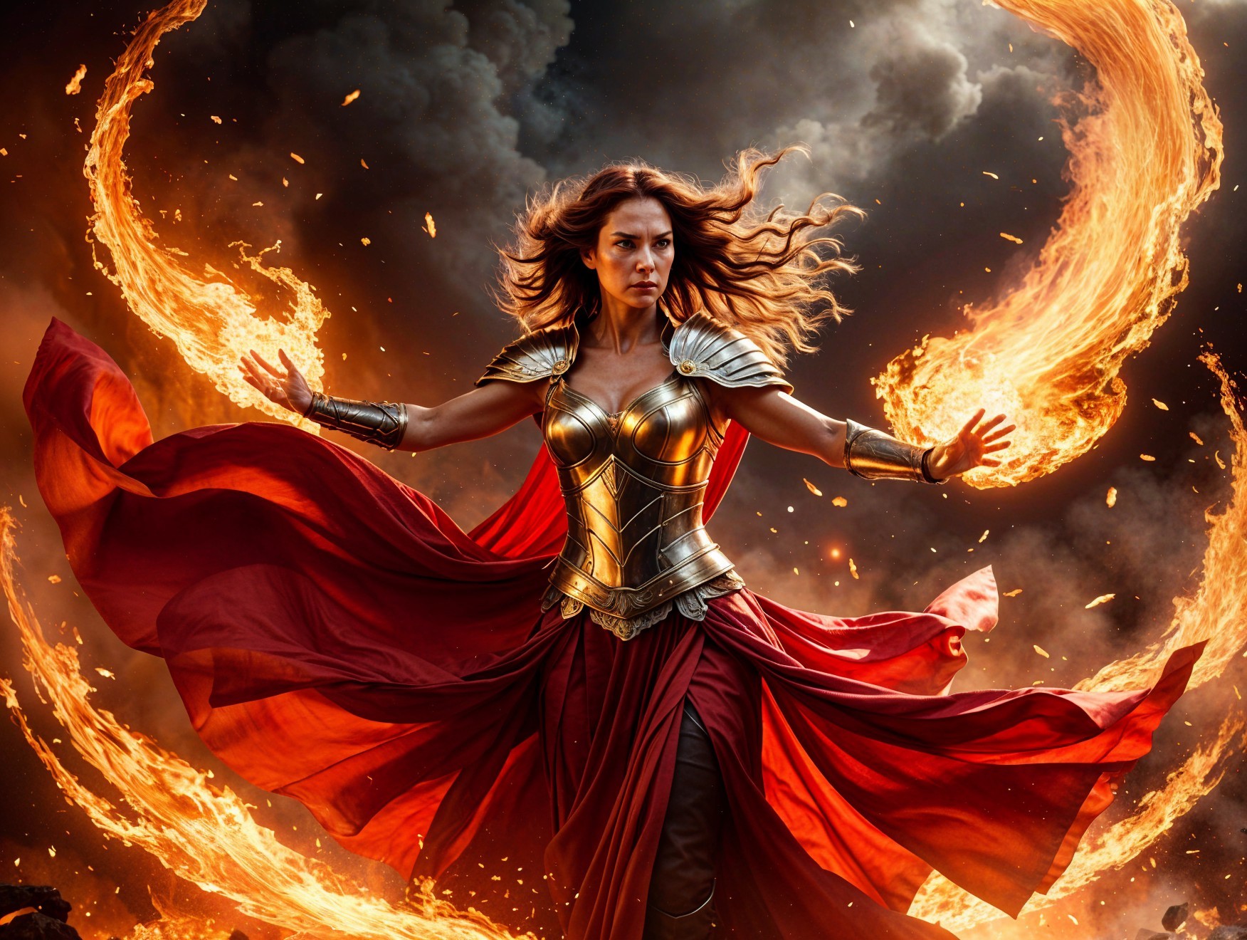 Warrior Woman in Golden Armor with Fiery Flames