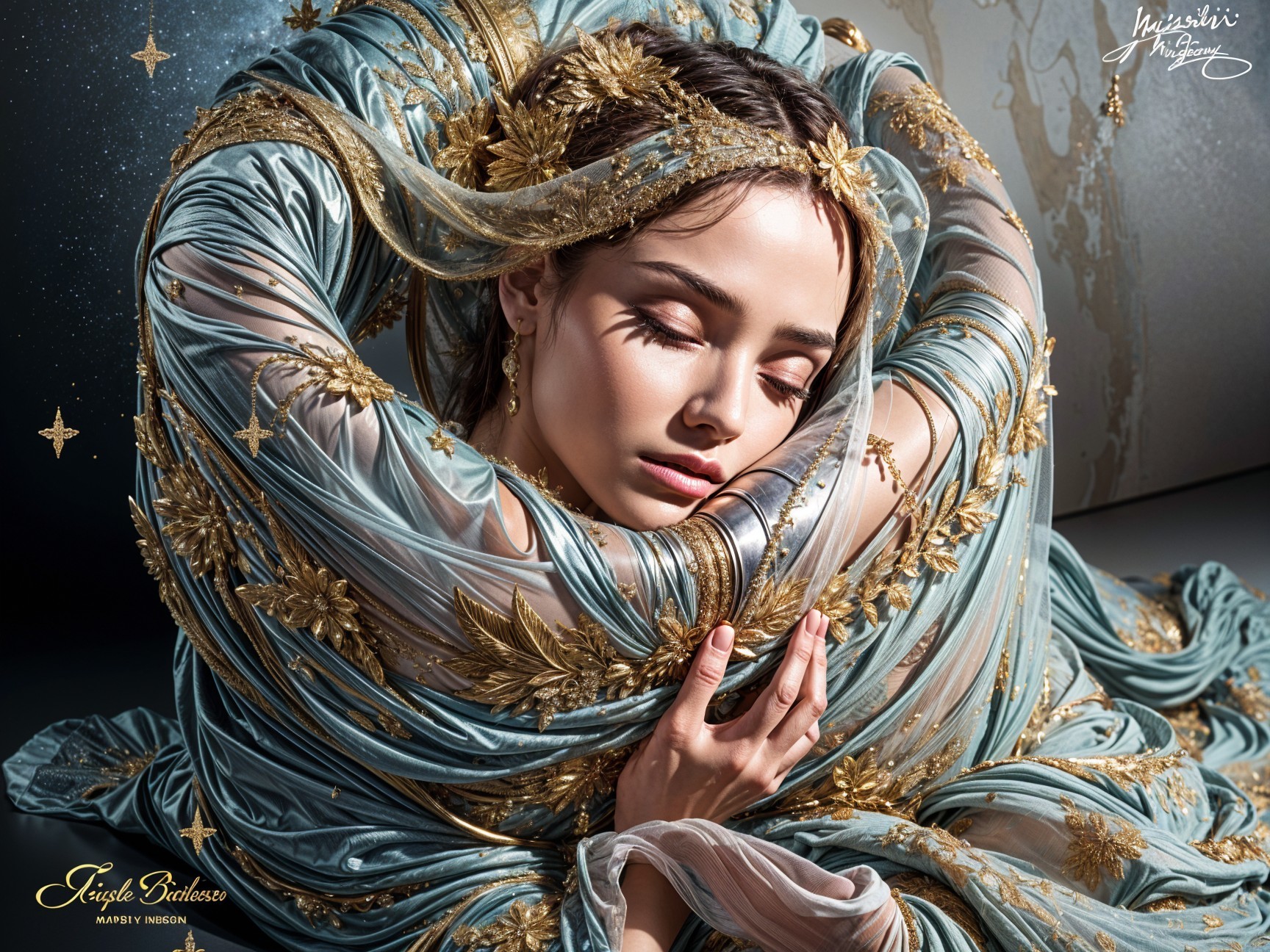 Young woman in ornate gown with celestial aura