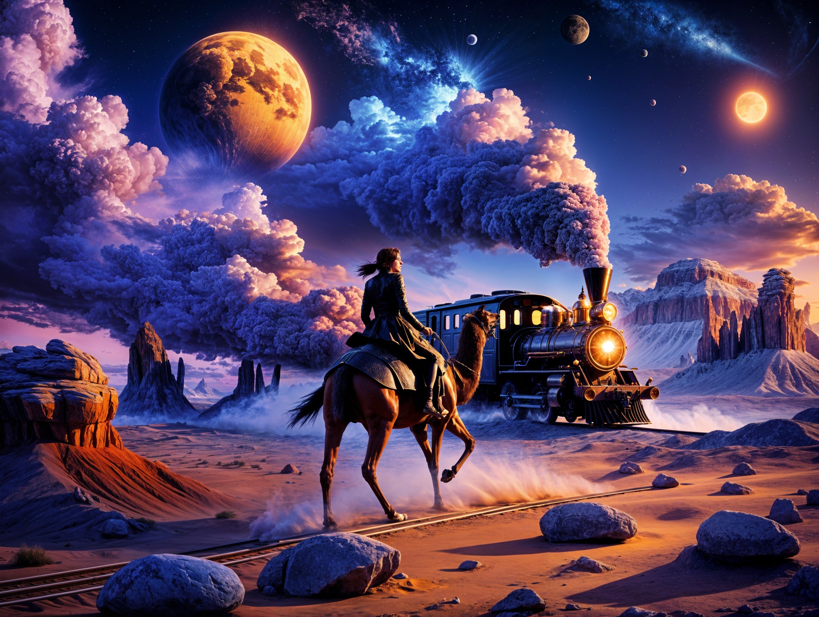 Lone Rider and Steam Train in Surreal Desert Landscape