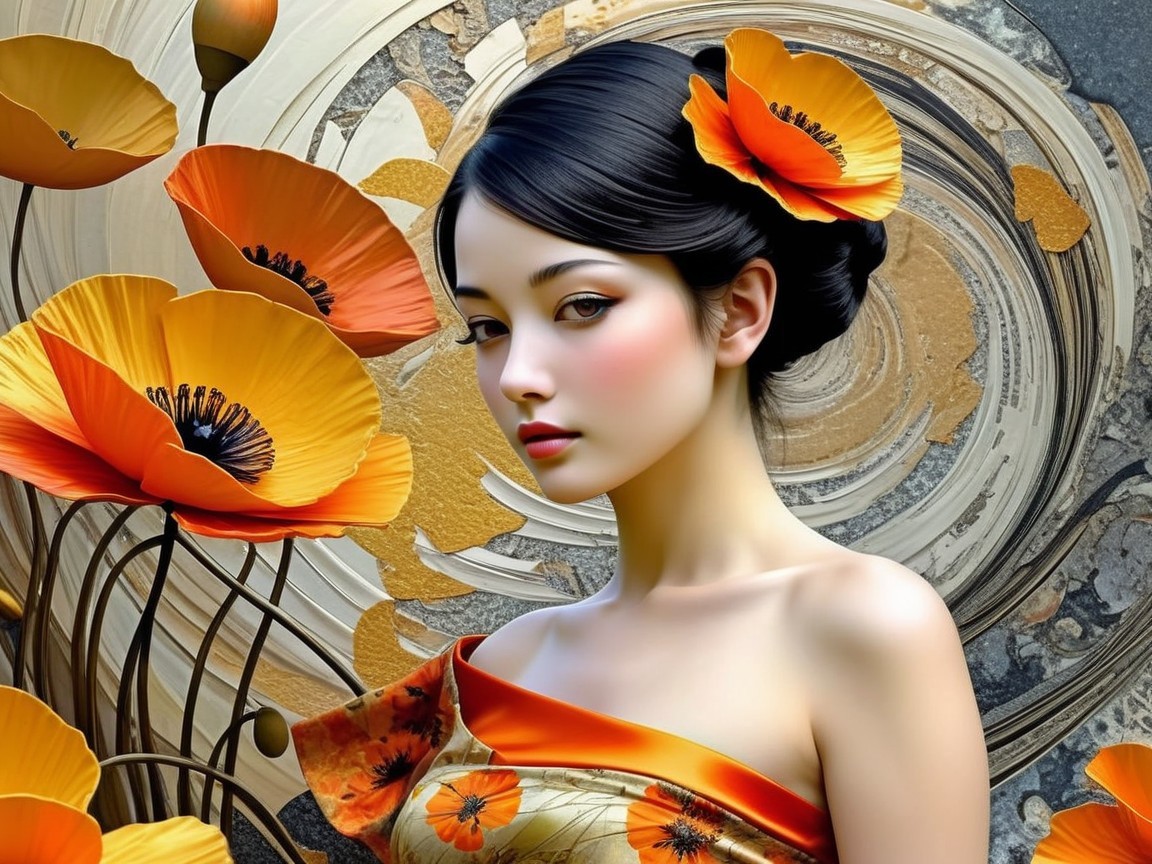 Asian woman in orange dress with poppies detail