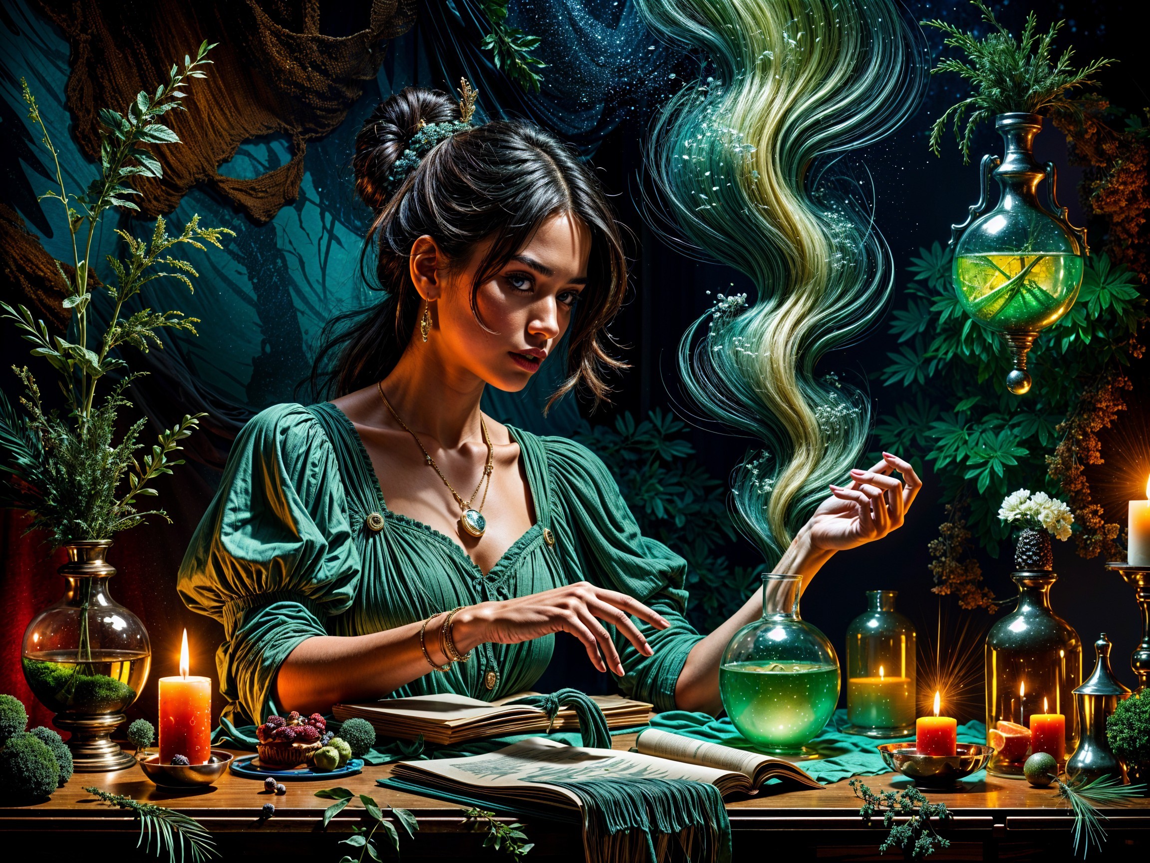 Young Woman in Green Dress with Potion and Candles