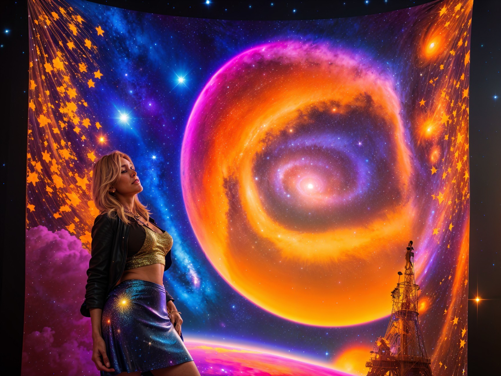 Woman in Shimmering Outfit Against Cosmic Galaxy Backdrop