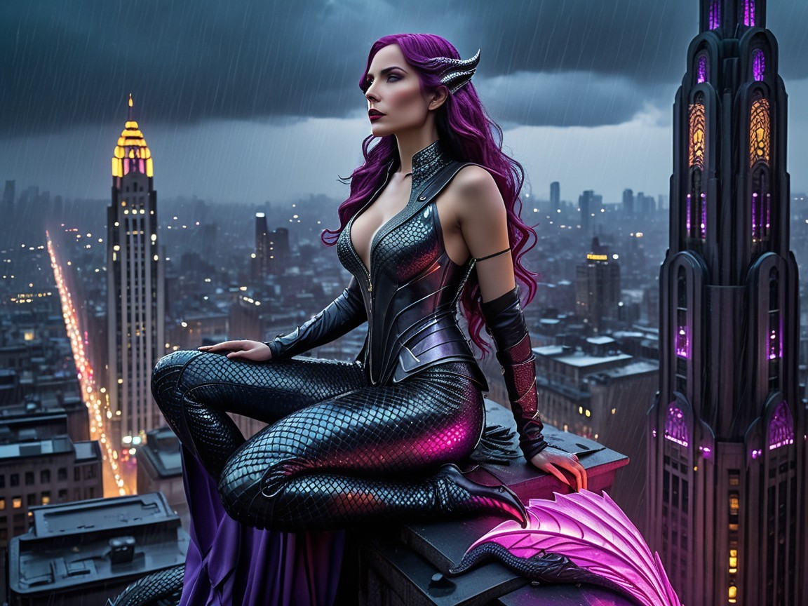 Purple and Black Costume Figure on Rooftop at Night