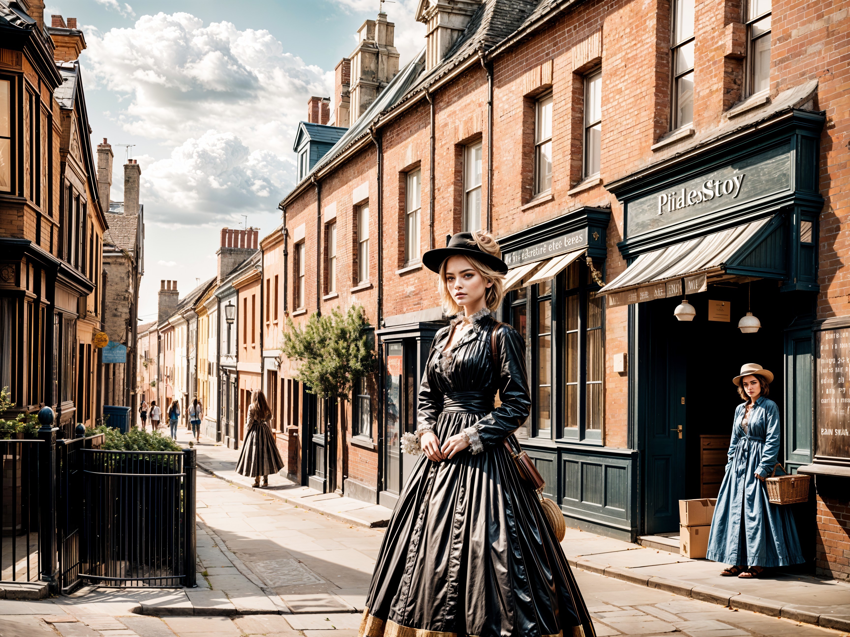 Victorian Street Scene with Elegant Women and Shops