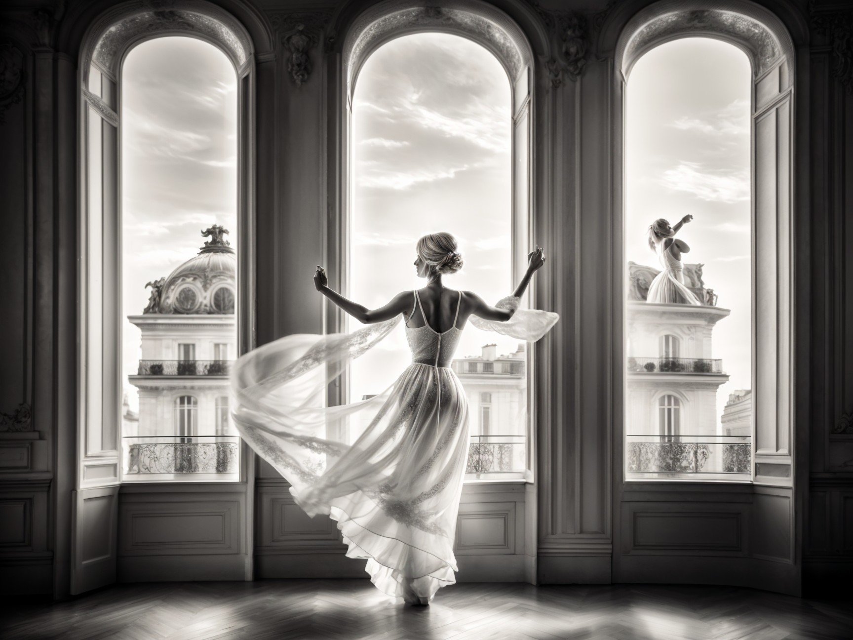 Graceful Figure in White Gown in Elegant Room