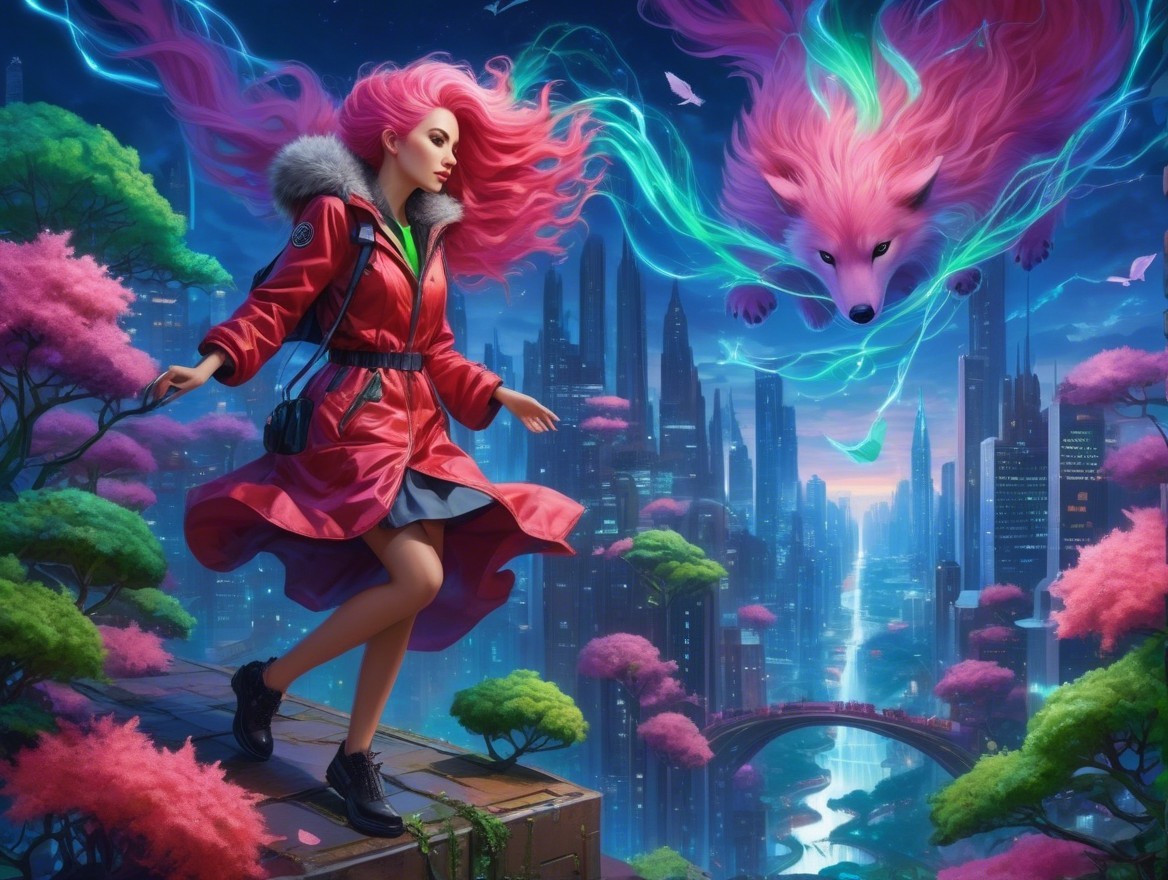 Futuristic city with a woman and glowing fox creature