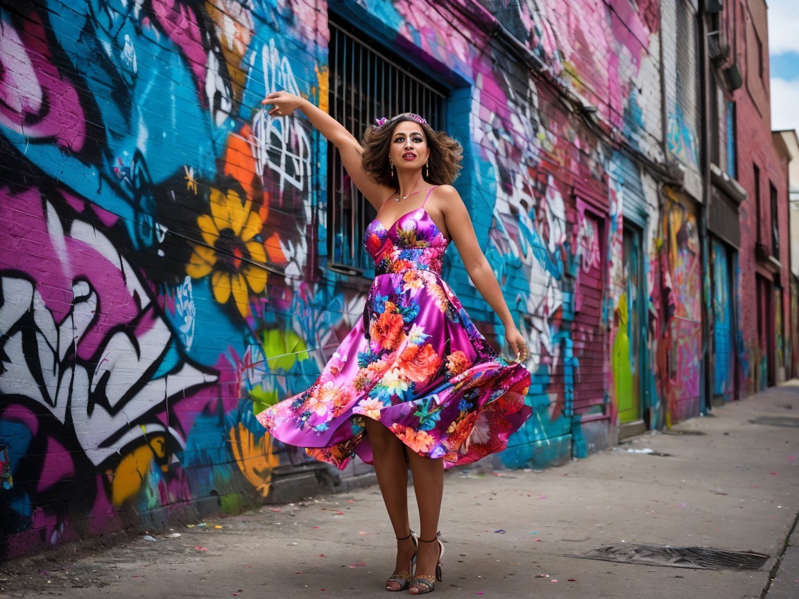 Young Woman in Floral Dress by Graffiti Wall