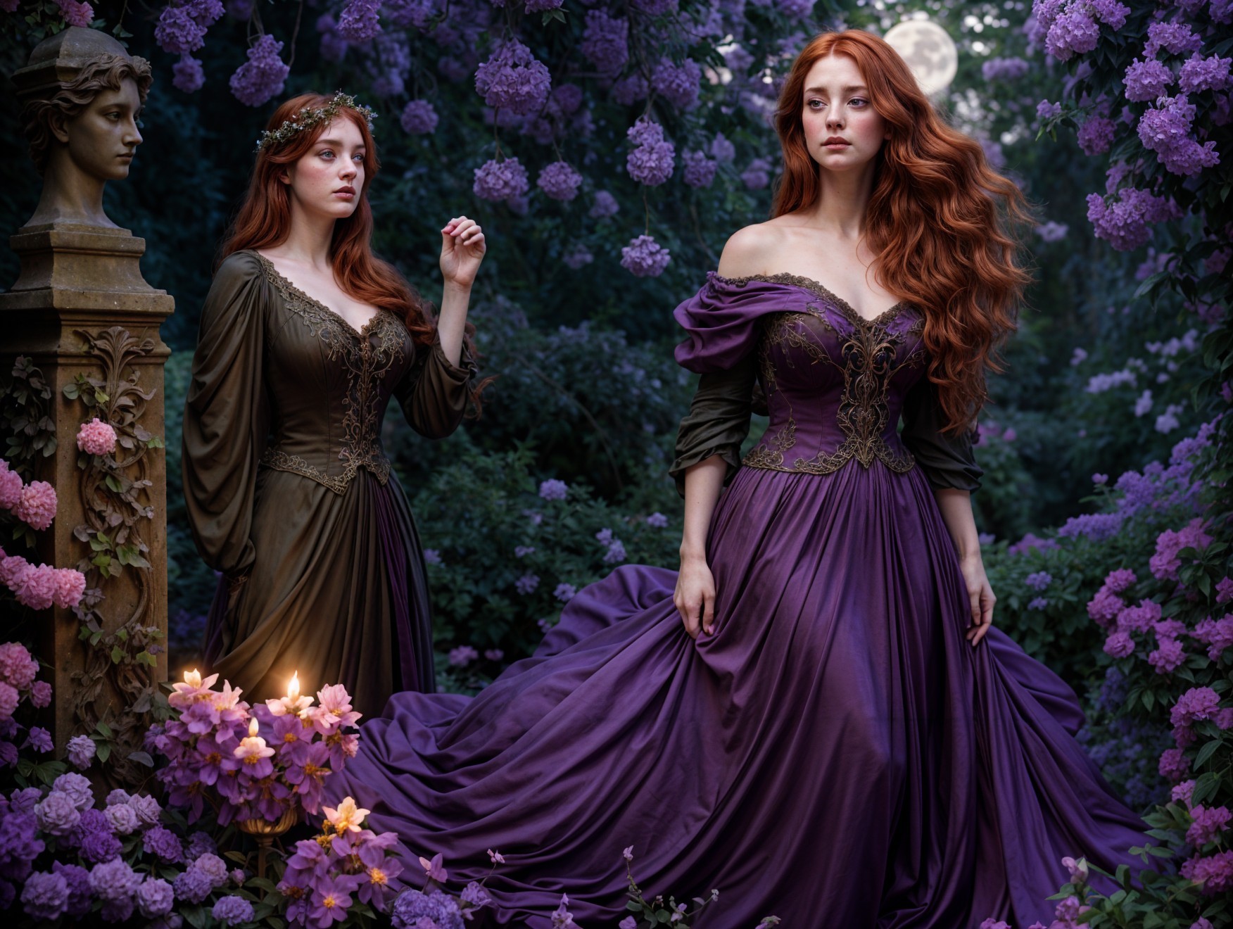 Enchanting Garden Scene with Elegant Women in Gowns
