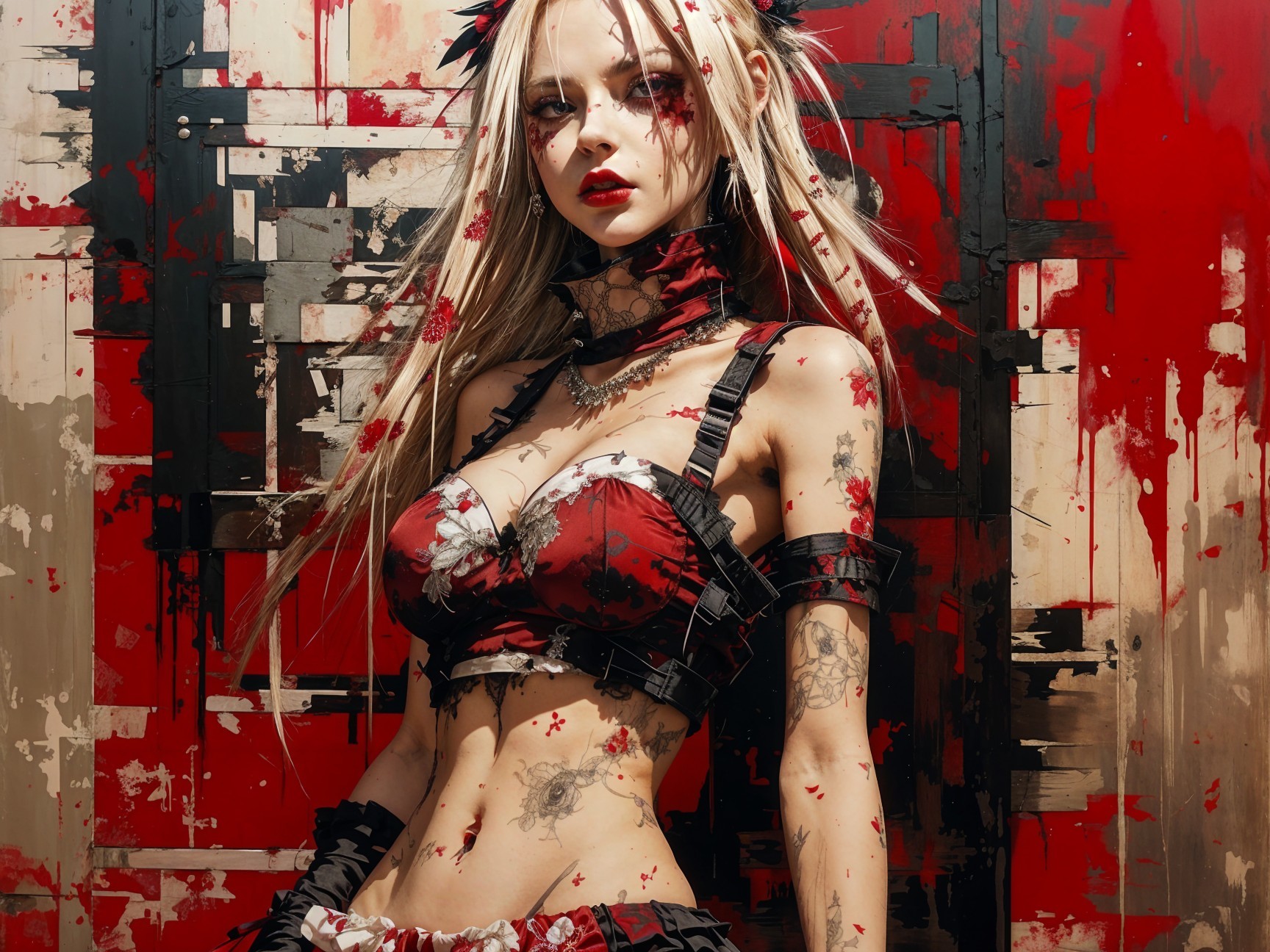 Striking figure in dark outfit with red and black tones